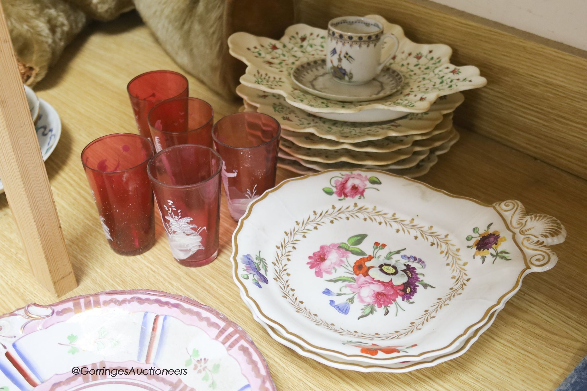 A Delft polychrome plate, two Coalport dishes, a dessert set, two lustre dishes and five cranberry glasses